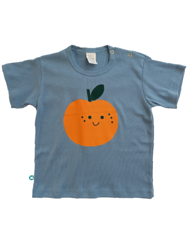 Camiseta manga corta con serigrafia de Naranja con fondo azul.