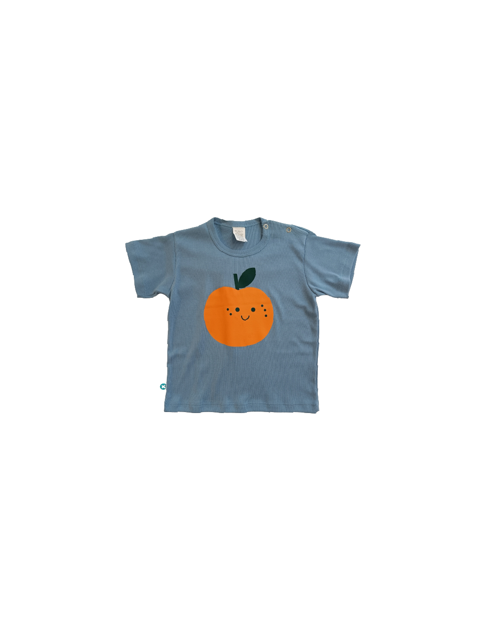 Camiseta manga corta con serigrafia de Naranja con fondo azul.